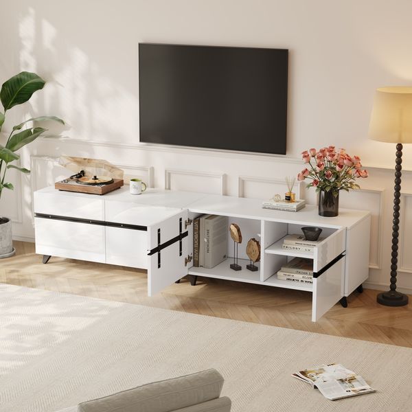 TV-Schrank 180 x 40 x 49 cm, Hochglanz-Lowboard aus MDF mit 4 Türen und verstellbaren Einlegeböden