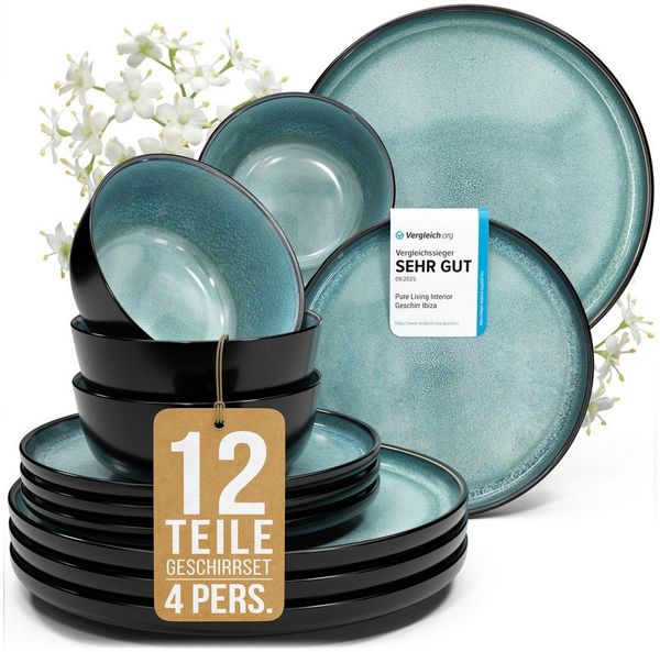 Steingut Geschirrset 4 Personen Ibiza 12 tlg. TESTSIEGER, Traumhaftes Mediterranes Steingut Geschirr Set, Schüssel- und Teller Set, Tafelservice 4 Personen, Geschirrsets Pure Living in Petrol