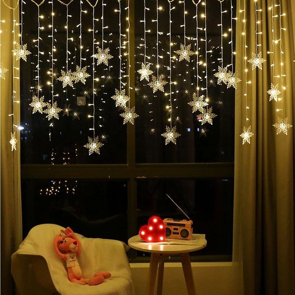 Rosnek LED-Lichtervorhang 12cm Schneeflocke Weihnachtsbeleuchtung, 8 Modi, Timer, anschliessbar, Speicherfunktionen, Wohnzimmer Deko