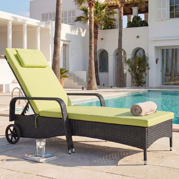 Poly-Rattan Sonnenliege Carrara, Relaxliege Gartenliege Liege, Alu ~ anthrazit, Kissen hellgrün