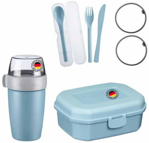WESTMARK Lunchbox / Frühstücks-Set To Go, Müslibecher + Snackbox + Besteck-Set, blau, Kunststoff (PP,ABS,SAN,TPE), (Set), Set, spülmaschinengeeignet, inkl. Ersatz-Dichtringe