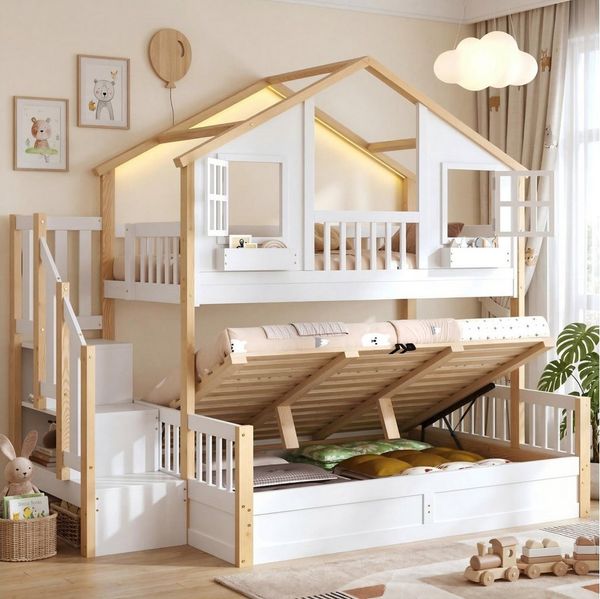 REDOM Etagenbett Mit hydraulischem Unterbett, LED & Stauraumtreppe (Packung, 1-St, 90x200+140x200 cm, Weiß/Natur, Massivholz), Hausbett in Fenster-Form, Hochbett für Kinder(ohne Matratze)
