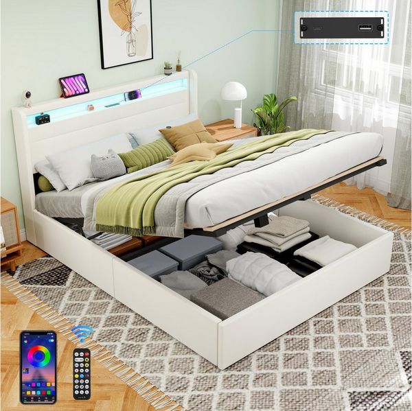 oyajia Polsterbett Stauraumbett Doppelbett LED, PU-Kunstleder (Type-C + USB, Hydraulisch hebbarer Stauraum), Modernes Jugendbett, Leises Design Bett, Max. Belastbarkeit 365 kg