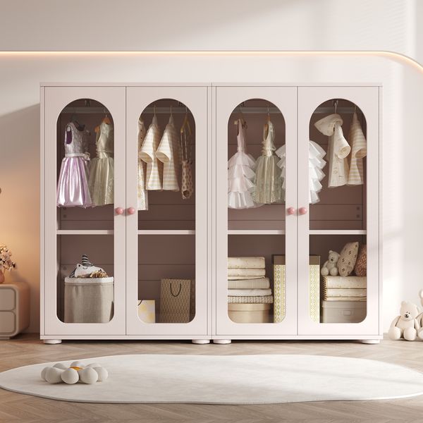Merax 2-türiger Kleiderschrank, Lackkleiderschrank, Schlafzimmer-Aufbewahrungsschrank, Kinderkleiderschrank, mit Kleiderstange, Acryl-Transparenttüren, Keramikgriffen, Babyrosa, 2er-Set, 160×50×120 cm
