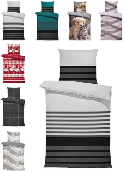 One Home Bettwäsche Winter, Flanell, 3 teilig, modern gestreift, kuschelig flauschig warme weiche Baumwolle Biber
