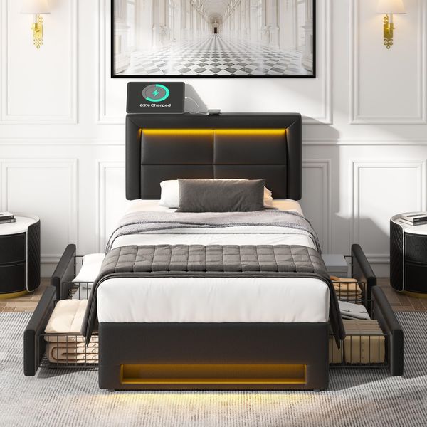 Ball & Cast Jugendbett (90x200 cm) mit 4 Schubladen, Stauraumbett mit Beleuchtung, USB und kabelloser Ladestation, Polsterbett Einzelbett ohne Matratze, Schwarz