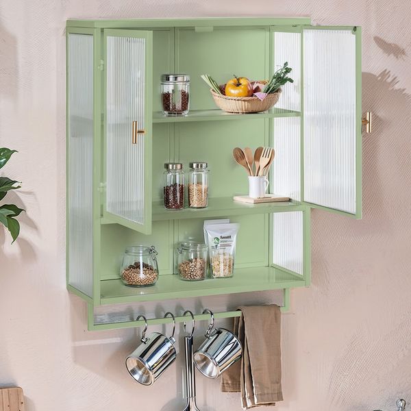 Wandregal mit 60cm Glas Türen Grüner 2-Türiger Schrank mit Offenem Regal und Handtuchhalter