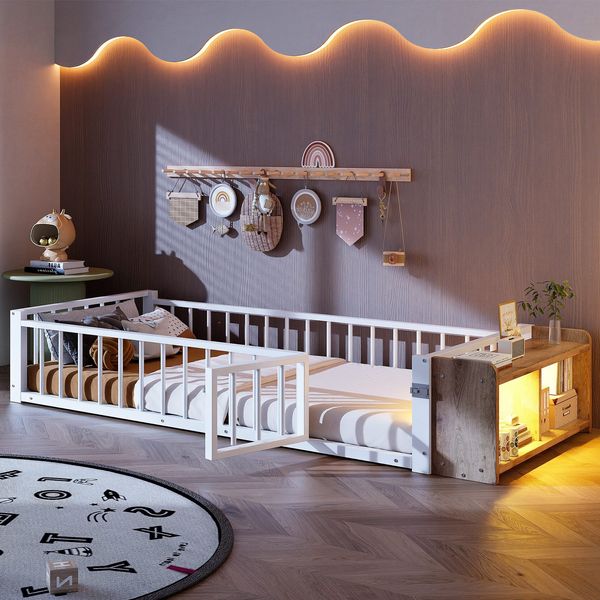 Kinderbett mit LED-Streifen, Regal, Zaun, Lattenrost und Tür, 90x200 cm, Einzelbett mit Rausfallschutz, Metallbett