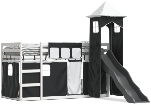 vidaXL Etagenbett mit Rutsche und Gardinen Weiß und Schwarz 90x190 cm 3284209