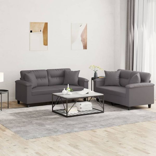 vidaXL 2-tlg. Sofagarnitur mit Kissen Grau Kunstleder 3202374