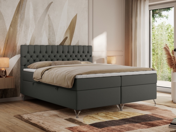 Boxspringbett mit Kopfteil und Topper, Polsterbett - GRIMALDI - 200 x 200 cm - Dunkelgrau Kunstleder - H4