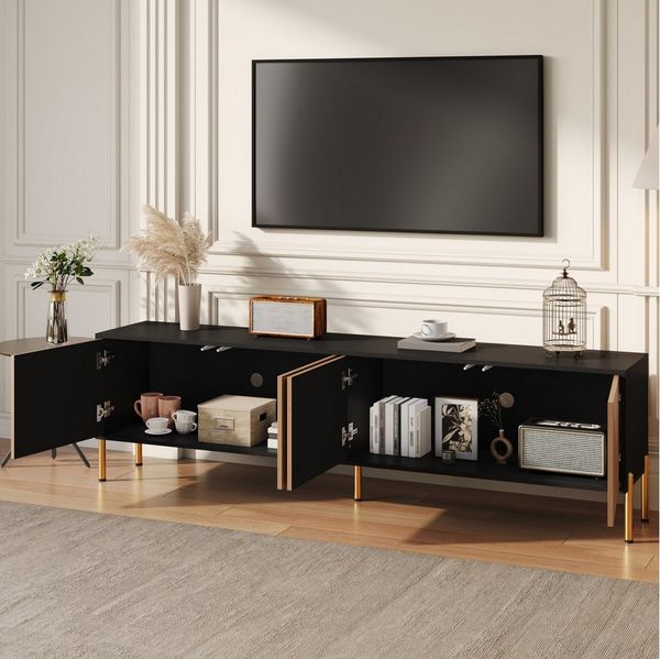 MODFU TV-Schrank Modernes Sideboard im Kontrast Schwarz & Gold (Packung, 1-St, 179x53,5x35 cm, 4 Türen vor 2 großen Staufächern, strukturierte Front) Einzigartiges Design, das unterschiedliche Einrichtungen ergänzt