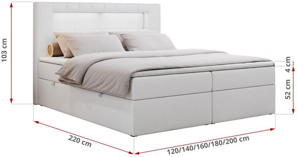 Boxspringbett - Polsterbett mit LED Kopfteil - GOLD-5 - 120x200cm - Weiß Kunstleder - H3 Bild 5