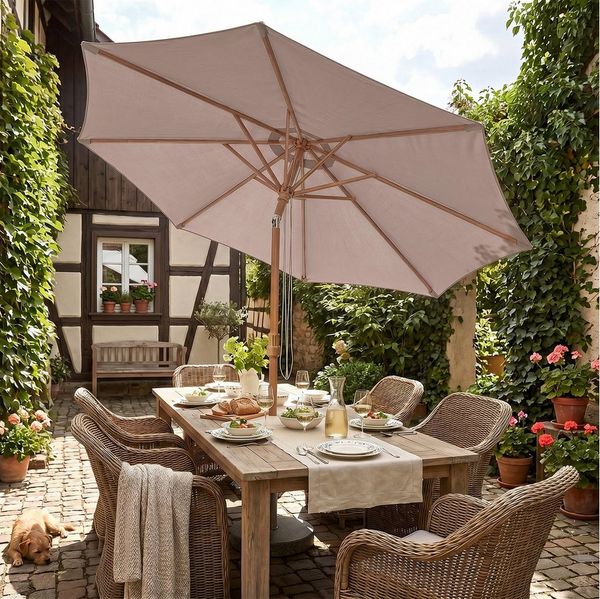 Sekey Sonnenschirm 300 x 300 cm Sonnenschirm Holzoptik Gartenschirm Knickbar, UPF 50+, LxB: 300x300 cm, Doppeltes Seilzugsystem, Neigungsverstellung, für Garten