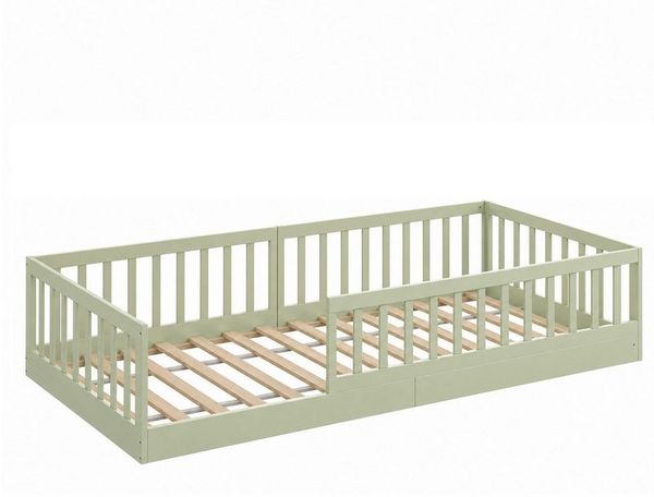 CADANI Kinderbett Timi Bodenbett bis 200 kg belastbar mit abnehmbarem Rausfallschutz (90x200 cm, Montessori Kinder- & Jugendbett aus Kiefer Massivholz), inkl. stabilem Roll-Lattenrost, Weiß