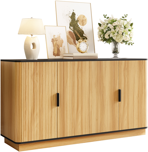 Sideboard 4-türig, vertikale Riffelung, Holzoptik, Schrank für Wohnzimmer, Flur, Esszimmer, Stauraum