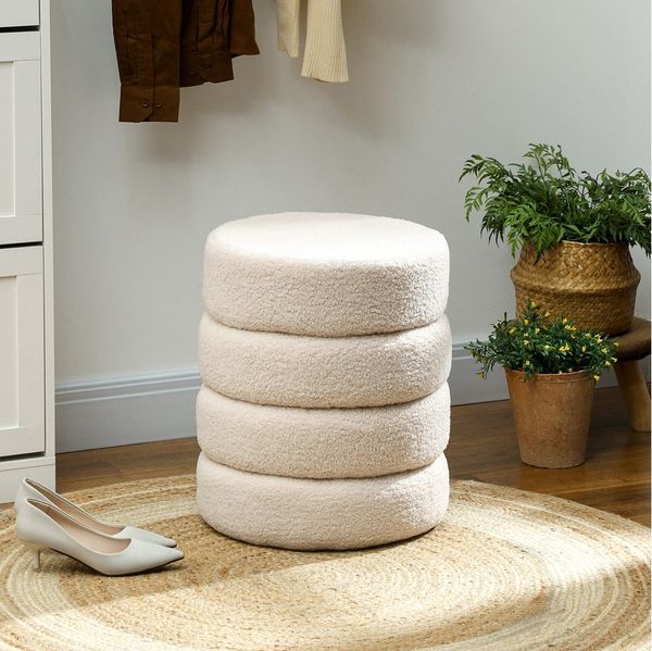 HOMCOM Fußhocker Sitzhocker mit Sitzkissen (Runder Polsterhocker, 1 St, Fußstütze), für Wohnzimmer, Schlafzimmer, Beige, Ø40 x 45 cm