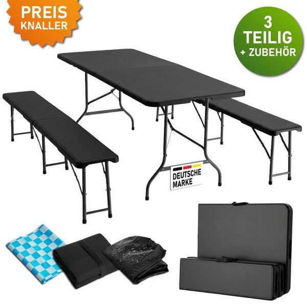 BRAST Bierzeltgarnitur Festzeltgarnitur Josef, 3er Set klappbar, inkl. Zubehör, (1x Tisch & 2x Sitzbänke, für bis zu 10 Personen), Einrastsystem & Tragegriffe