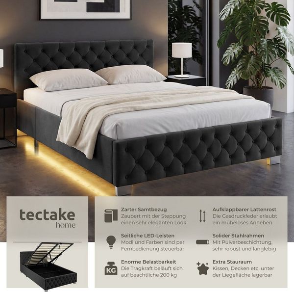tectake Polsterbett Komfortbett mit LED-Leisten & Stauraum - Samtoptik mit Steppmuster (Bettset, in Samtoptik Schwarz), stabiler Stahlrahmen, Belastbarkeit 200 kg