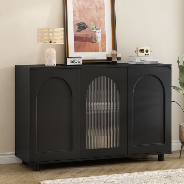 Schwarze Anrichte Sideboard mit Push-to-Open Türen, Glaseinsatz, verstellbare Regale, Wohnzimmer, Küche, Esszimmer