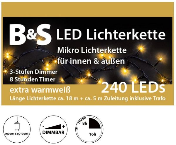 B&S LED-Lichterkette LED Lichterkette für Innen und Außen warm white mit Timer und Dimmer