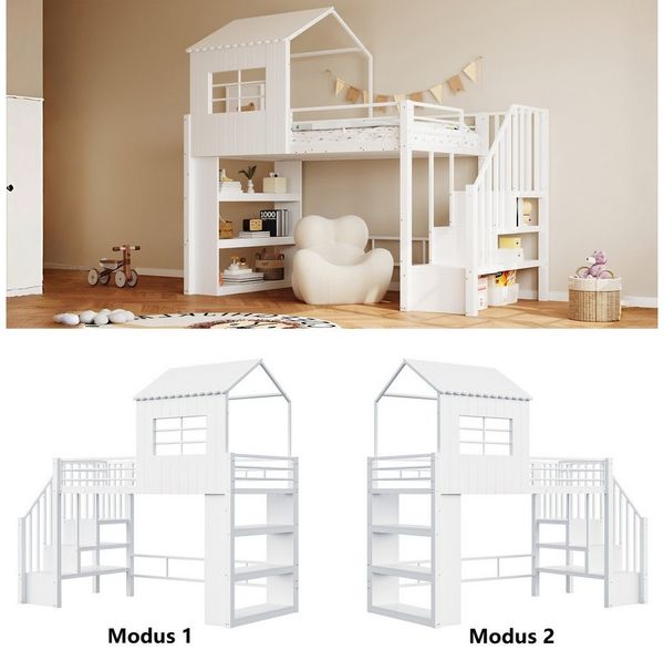 REDOM Hochbett mit Hausdesign, Schutzgitter und Stauraumregal (Montierbare Treppe für sicheren Zugang, Jugendbett Metallbett, 90x200 cm) Inklusive Matratze Bild 2