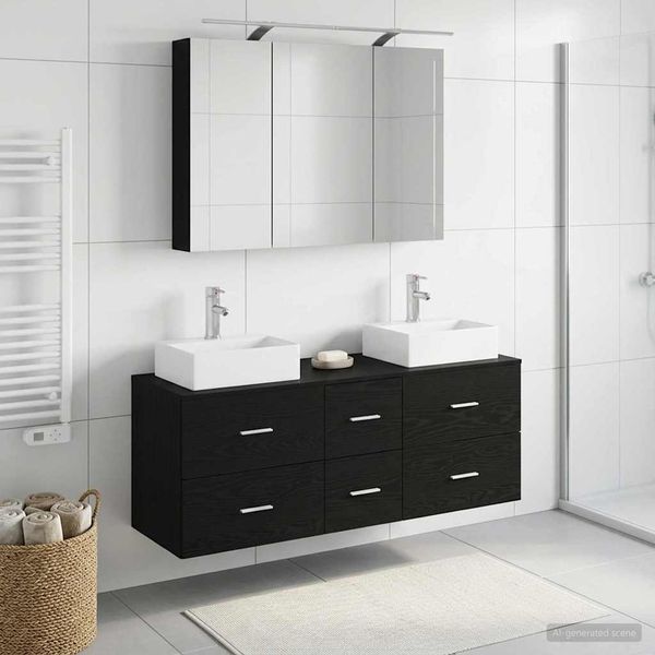 vidaXL Badezimmermöbel-Set 4 pcs Schwarze Eiche Ingenieurholz und Glas 3406816