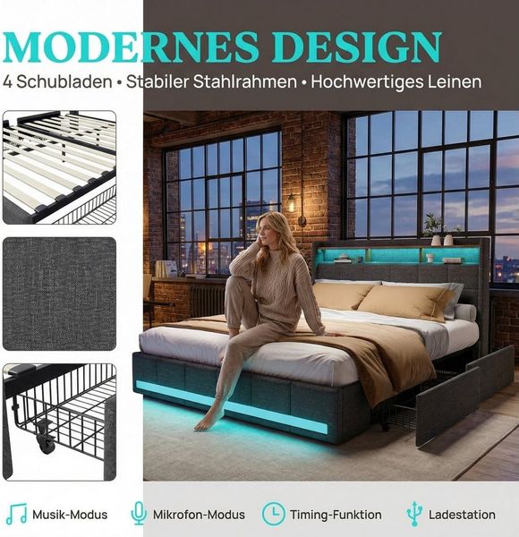 PXloue Polsterbett LED Doppelbett Stauraumbett, mit USB-Laden und Stauraum am Kopfteil,Leinen,180x200 cm