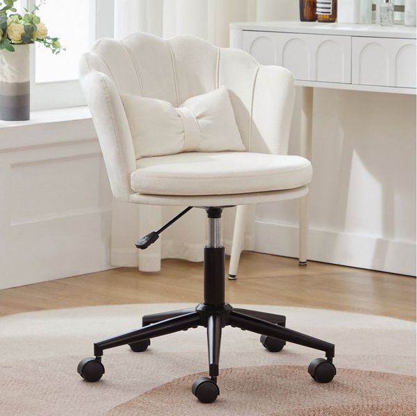 Flieks Drehstuhl mit Rollen Bürostuhl höhenverstellbar (mit schmetterlingsförmiges Lendenkissen und blütenblattförmige Rückenlehne, B55/T62/H73-63 cm), Schminktischstuhl Schreibtischstuhl Ankleidestuhl Samt