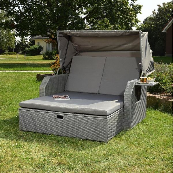 Melko Gartenliege Sonneninsel mit Dach, Hocker und Kissen Polyrattan 145×143×130 cm, Halblieger mit Dach 145x143 cm, 3-teiliges Set bestehend aus 1 × Sonneninsel, 1 × Hocker und Kissen, Kompakte Halblieger mit klappbarem Dach und separatem Hocker