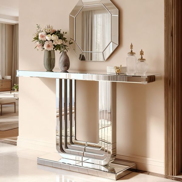 Konsolentisch H 76 x T 120 x B 30 cm in Silber-Optik, verspiegelt, aus MDF und Glas mit stabiler U-Form