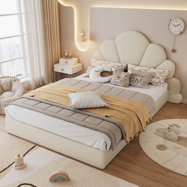 Doppelbett Polsterbett, Kopfteil mit geschwungenen Blütenblättern, einfach, stilvoll und bequem, Modernes Bettgestell, Samt, Beige, 140x200cm