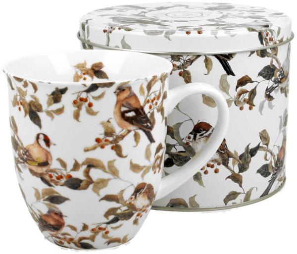 DUO ANIMALS Becher 400 ml BIRDIES in Metalldose, New Bone China Porzellan