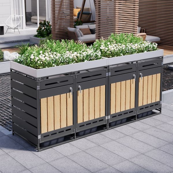 4er-Set Mülltonnenbox mit Pflanzkasten, Vertikale Holzmaserungspaneele, langlochrissige Belüftung, eiserner Garten-Aufbewahrungsschrank mit Schloss