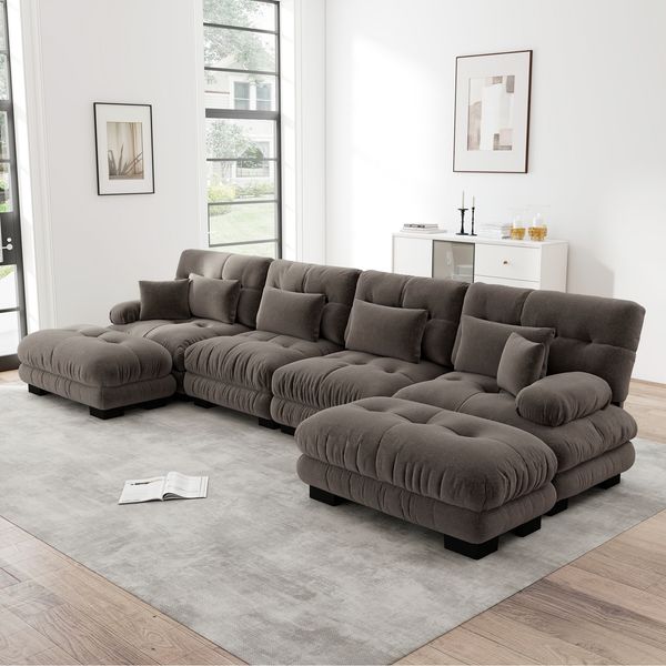 4-Sitzer modulares Ecksofa H 81 x T 406 x B 145 cm aus Chenille in Braun mit beweglichen Ottomane