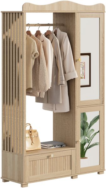 Garderobenschrank mit Spiegel & Offener Kleiderständer – ,Kompaktgarderobe,Praktische Aufbewahrung mit Schublade & 2 Türen, Ideal für Schlafzimmer & Flur