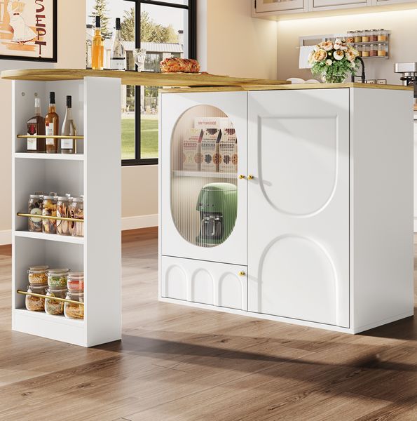 Ausziehbarer Bartisch 138×39×105 cm in Weiß, auf 204 cm verlängerbar, Stehtisch mit 3 Glastüren und 360° Drehfunktion, 105cmx138-204cmx39cm