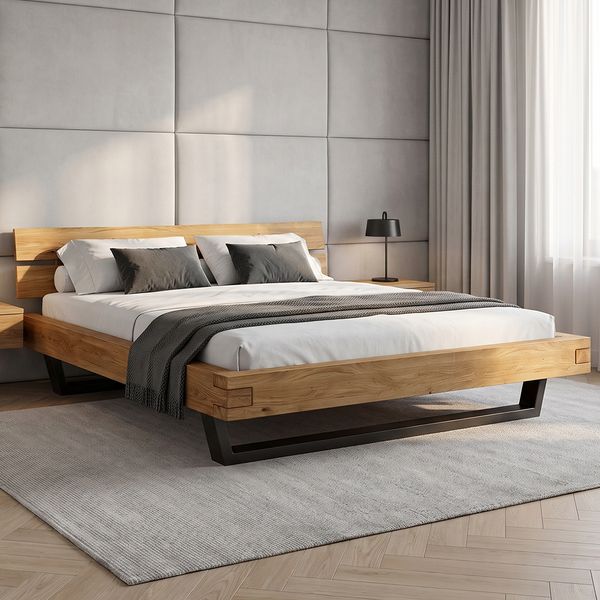 skølm 'Hervar' Bett 180x200 cm, Bettgestell aus Eiche, Bettkopf 2 Streben, Massivholzbett lackiert, mit Metallkufen, geeignet als Doppelbett