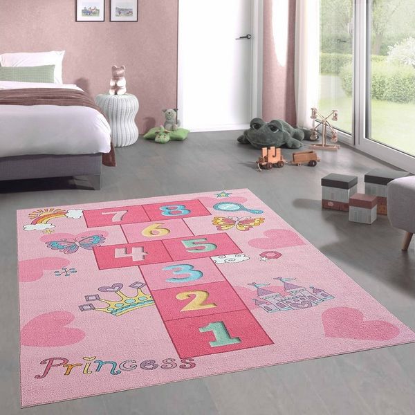 Carpetia Kinderteppich Hüpfkästchen Kinder-Spielteppich mit Prinzessinnen Burg in rosa, rechteckig, Höhe: 5 mm