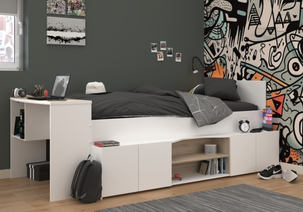 Hochbett >Cleo 1< Stauraum, Liegefl. 90x200, Weiss / Eiche Dekor - 241x116x90cm (LxBxH)