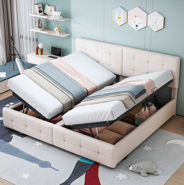 Beiges 2-in-1 Polsterbett 180x200 cm Mit Hydraulischem Stauraum Und Teilbarem Design Multifunktionsbett Doppelbett Kinderbett Samtbezug 300 Kg Tragkraft