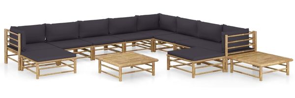 vidaXL 12-tlg. Garten-Lounge-Set mit Dunkelgrauen Kissen Bambus 3058228