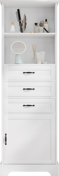 Flieks Hochschrank 167 cm, Mehrzweckschrank mit 3 Schubladen, offenen Fächern, Türfach und verstellbarem Einlegeboden, Weiß