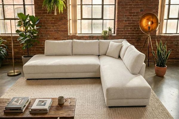 KAWOLA Schlafsofa SADIRA Ecksofa Stoff cremeweiß Recamiere rechts 89 x 209 x 288 cm