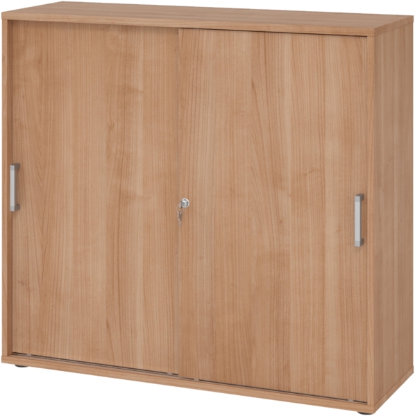 bümö Schiebetürenschrank 3OH - Aktenschrank abschließbar, Sideboard Schrank mit Schiebetüren in Nussbaum, Chromgriff - Büroschrank aus Holz mit Schiebetür, Büro Kommode für Ordner & Co, 1753S-N-N-CE