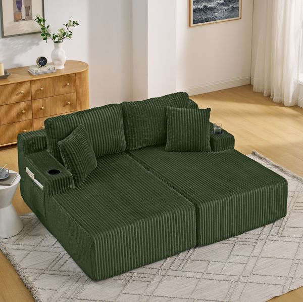 2-Sitzer Schlafsofa aus Kordstoff mit Magazintasche & Getränkehalter, 186 x 154 x 78 cm, Grün
