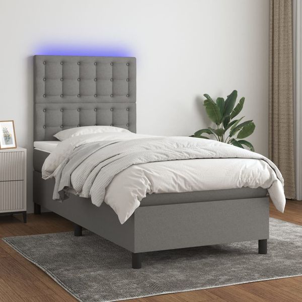 vidaXL Boxspringbett mit Matratze & LED Dunkelgrau 90x190 cm Stoff 3135158