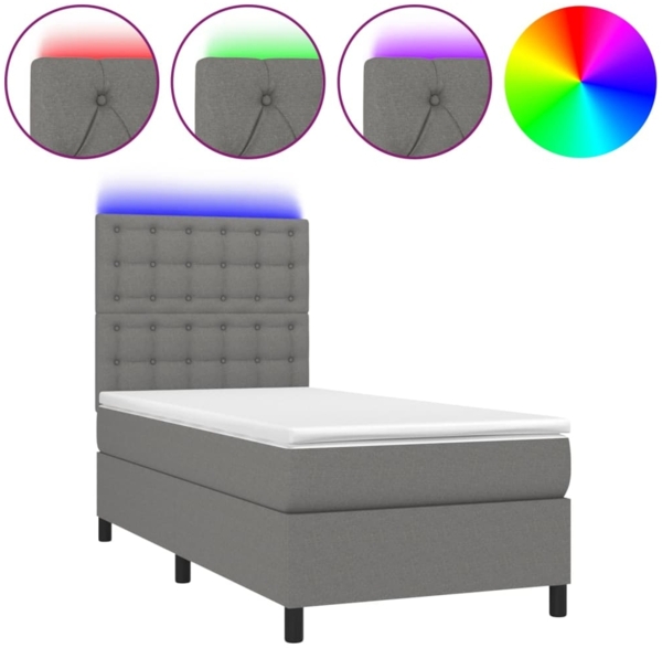 vidaXL Boxspringbett mit Matratze & LED Dunkelgrau 90x190 cm Stoff 3135158