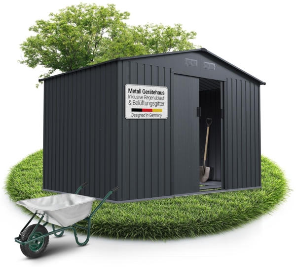 Juskys Metall Geräteschuppen XL – Dunkelgrau, wetterfest mit Fundamentrahmen, Schiebetür & abschließbar - für Garten & Aufbewahrung