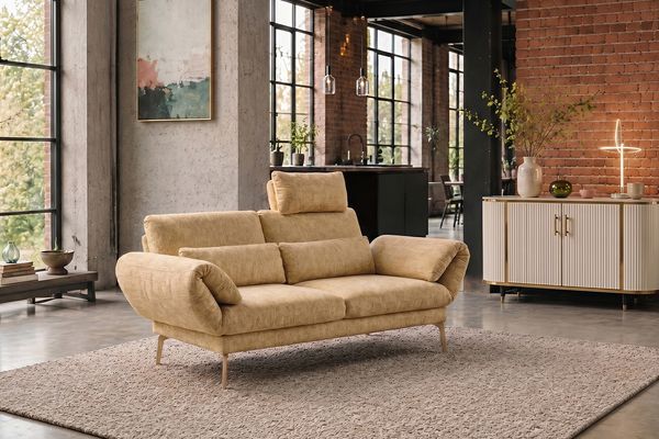 KAWOLA Funktionssofa HOLLY 2-Sitzer 1 Kopfstütze Stoff senf 90 x 92 x 176 cm
